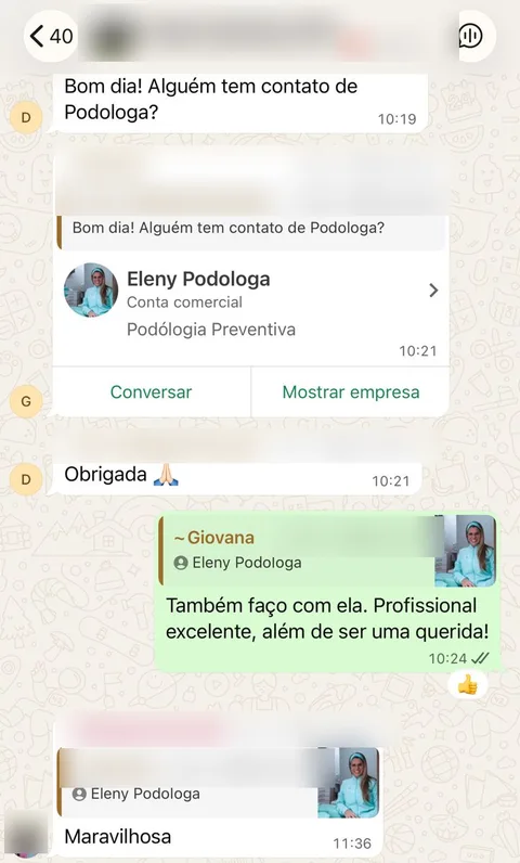 Print real de indicação da Eleny em grupo de vizinhos, com elogio de quem já é paciente