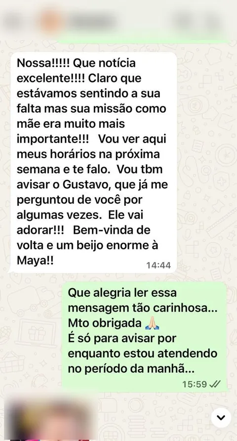 Print real de depoimento de paciente sobre o retorno da Eleny