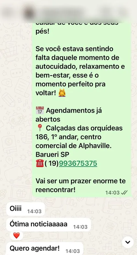 Print real de depoimento de paciente sobre o retorno da Eleny