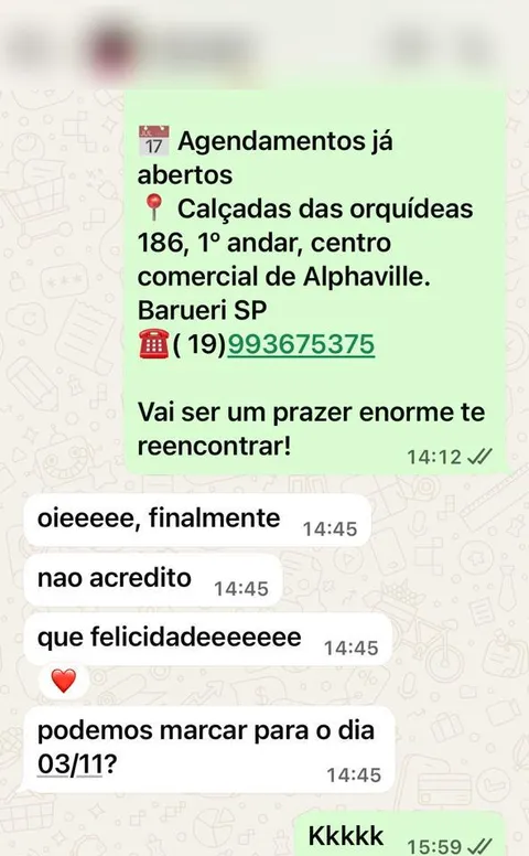 Print real de depoimento de paciente sobre o retorno da Eleny